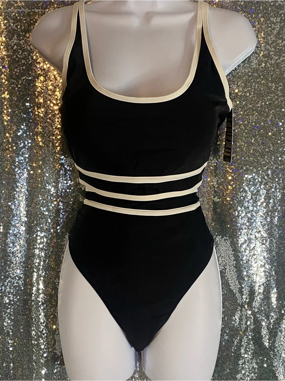BMJL NWT Two-Piece Cutout Bikini Set | Black & Cream Contrast Trim | Size Large